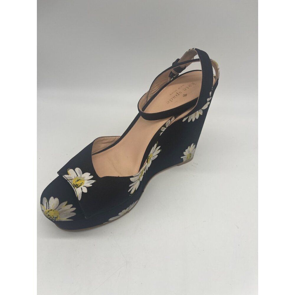 Kate Spade Dellie Women Black Canvas Floral Print Platform Wedge Size 10M - Picture 2 of 9
